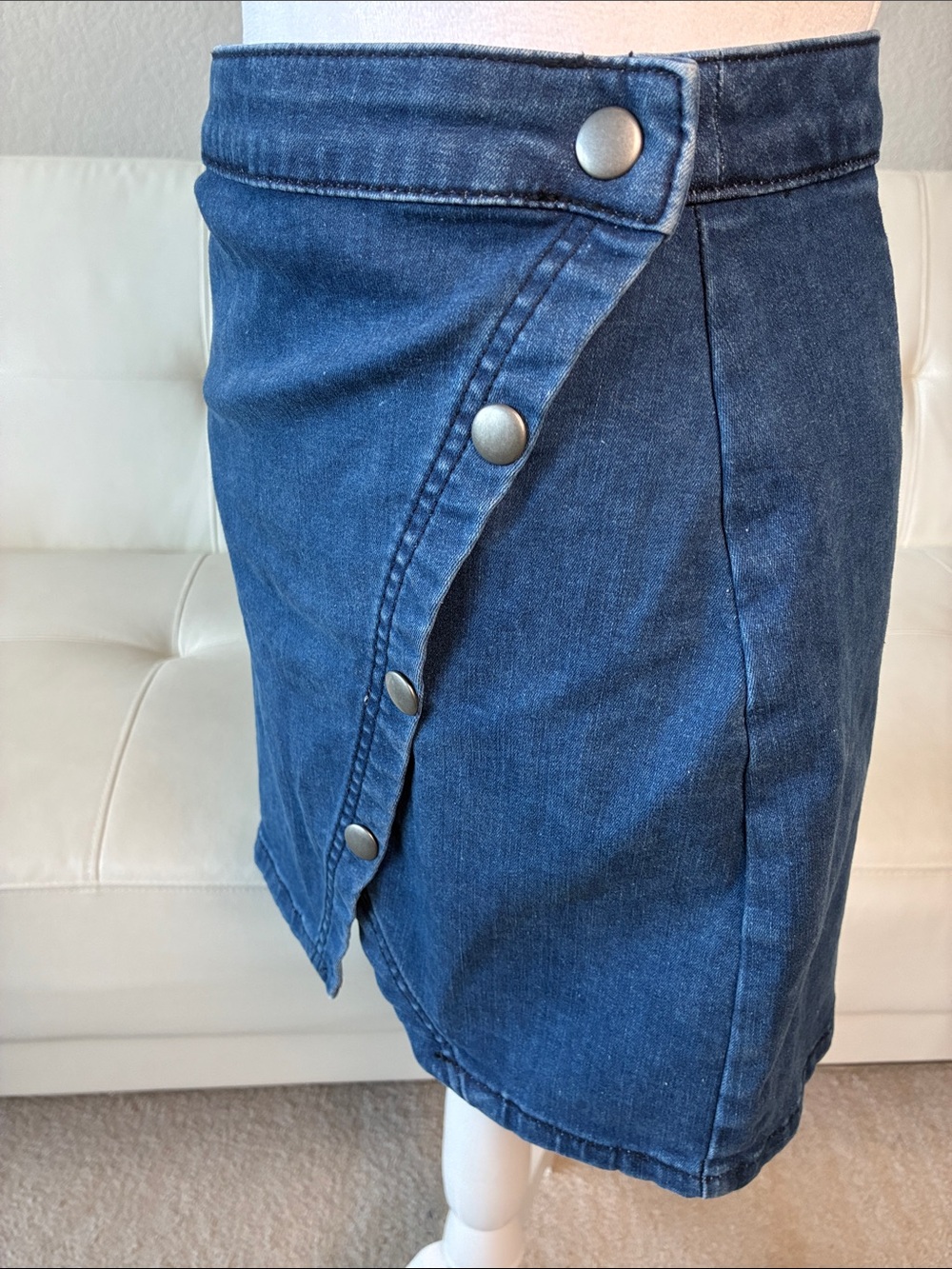 We The Free Blue Denim Snap Wrap Mini Skirt